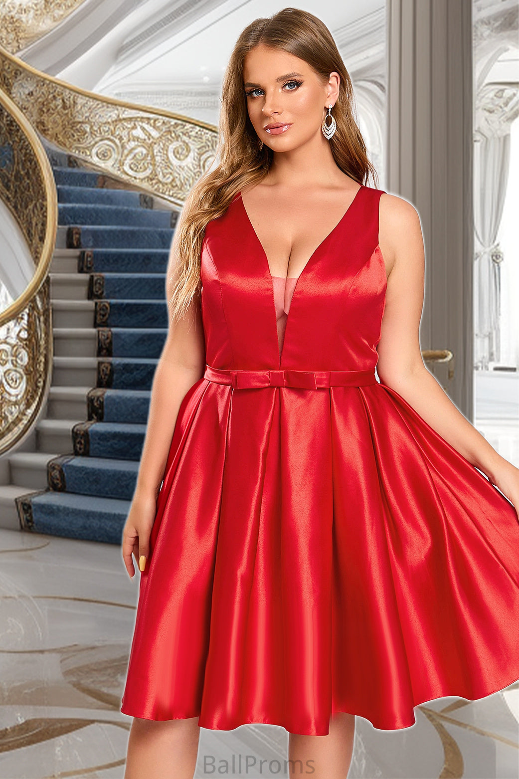 Luciana A-line V-Neck Short/Mini Satin Homecoming Dress With Bow HJP0020583