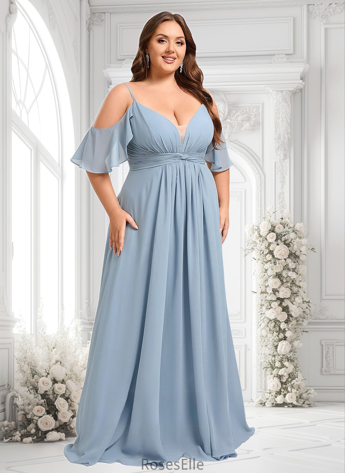 Aylin A-line Cold Shoulder Floor-Length Chiffon Bridesmaid Dress With Ruffle HJP0025797