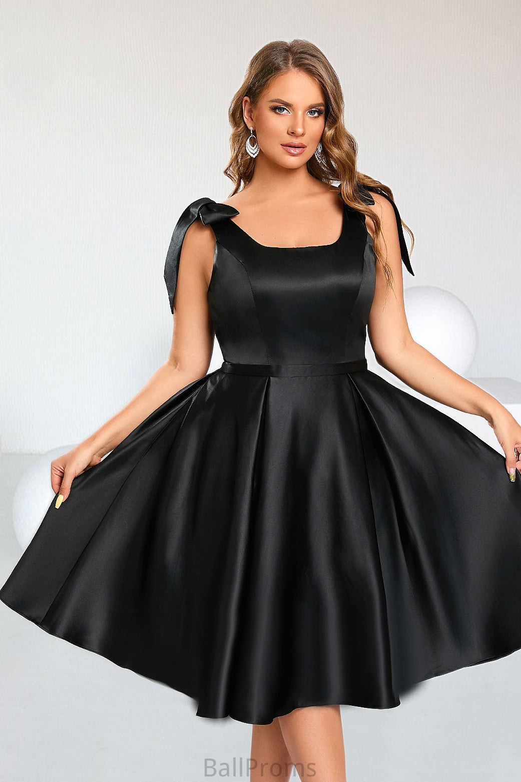 Helen A-line Square Knee-Length Satin Homecoming Dress With Bow HJP0020556