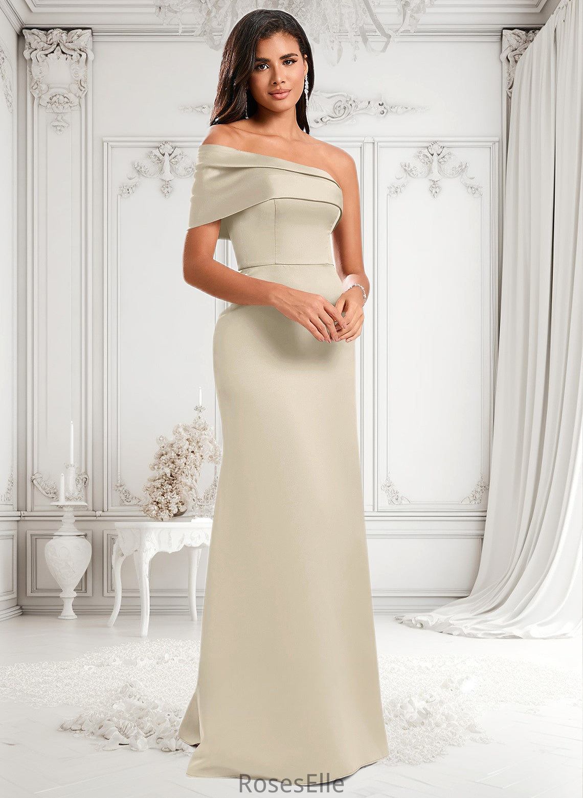 Kristin A-line Asymmetrical Off the Shoulder Floor-Length Satin Prom Dresses HJP0025884