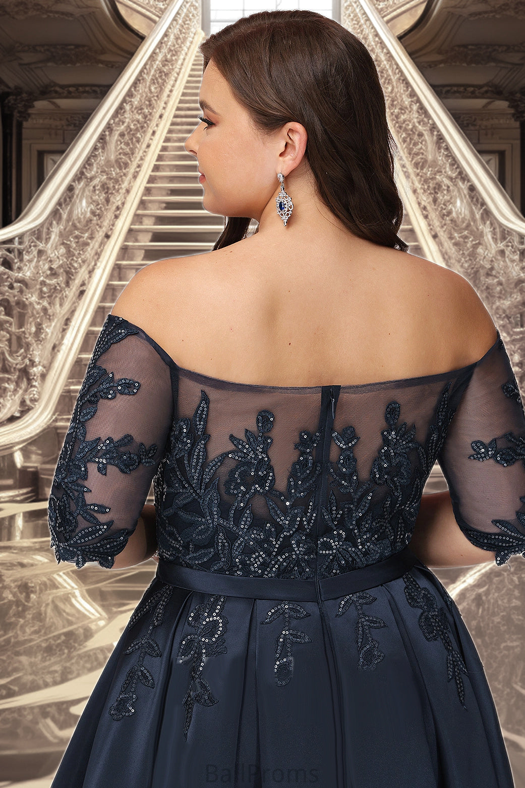 Aiyana A-line Off the Shoulder Asymmetrical Lace Satin Homecoming Dress With Sequins HJP0020580