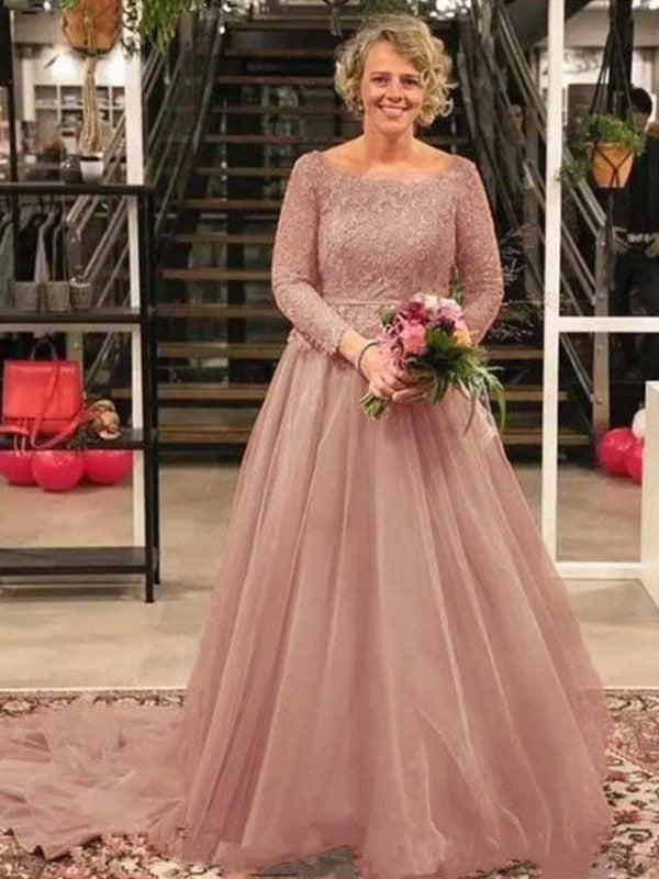 Nora A-Line/Princess Tulle Applique Scoop Long Sleeves Court Train Mother of the Bride Dresses HJP0020413