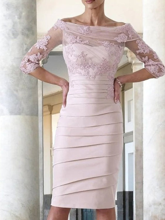 Victoria Sheath/Column Satin Applique Scoop 3/4 Sleeves Knee-Length Mother of the Bride Dresses HJP0020414