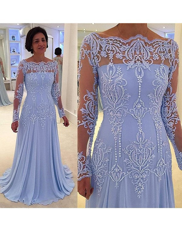 Hazel A-Line/Princess Chiffon Applique Scoop Long Sleeves Sweep/Brush Train Mother of the Bride Dresses HJP0020420