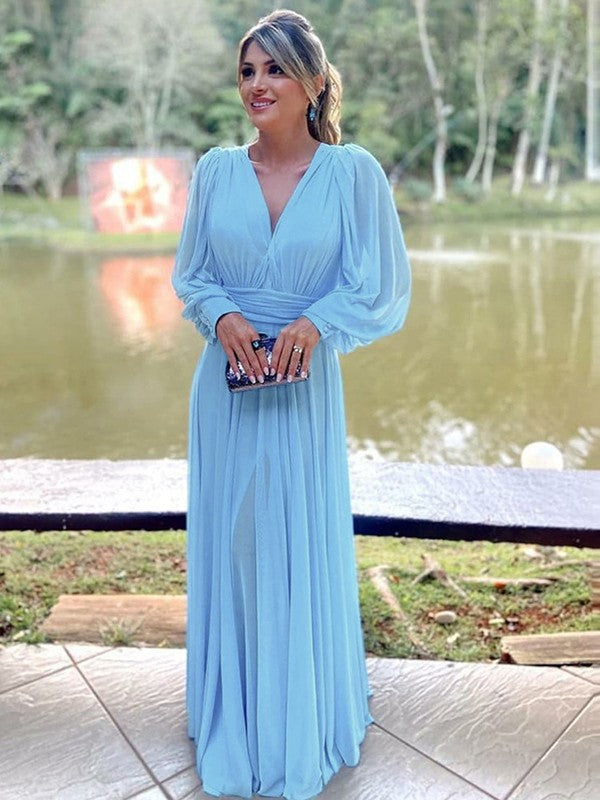 Lizeth A-Line/Princess Chiffon Ruffles V-neck Long Sleeves Floor-Length Mother of the Bride Dresses HJP0020376