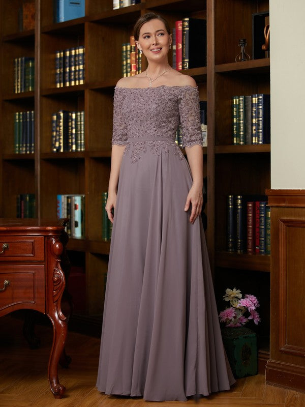 Paisley A-Line/Princess Chiffon Applique Off-the-Shoulder 3/4 Sleeves Floor-Length Mother of the Bride Dresses HJP0020308