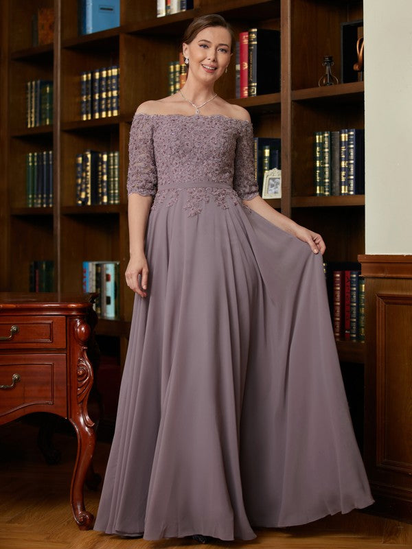 Paisley A-Line/Princess Chiffon Applique Off-the-Shoulder 3/4 Sleeves Floor-Length Mother of the Bride Dresses HJP0020308