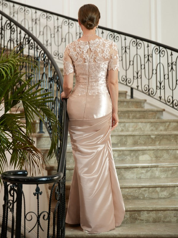 Marlene Sheath/Column Satin Lace Sweetheart Short Sleeves Floor-Length Mother of the Bride Dresses HJP0020314