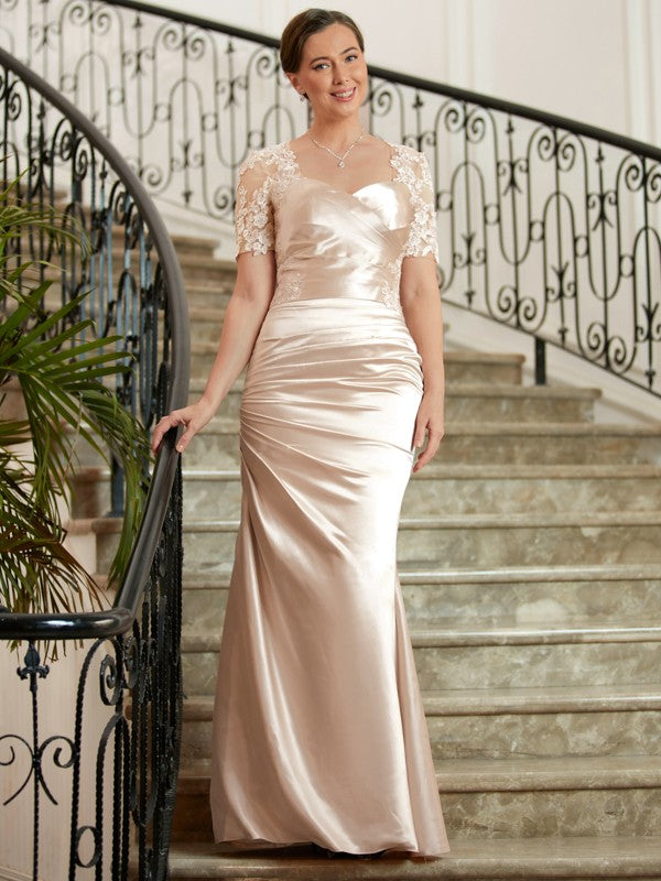 Marlene Sheath/Column Satin Lace Sweetheart Short Sleeves Floor-Length Mother of the Bride Dresses HJP0020314