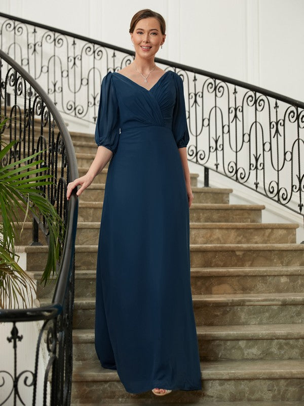 Kelsie A-Line/Princess Chiffon Ruched V-neck 1/2 Sleeves Floor-Length Mother of the Bride Dresses HJP0020344