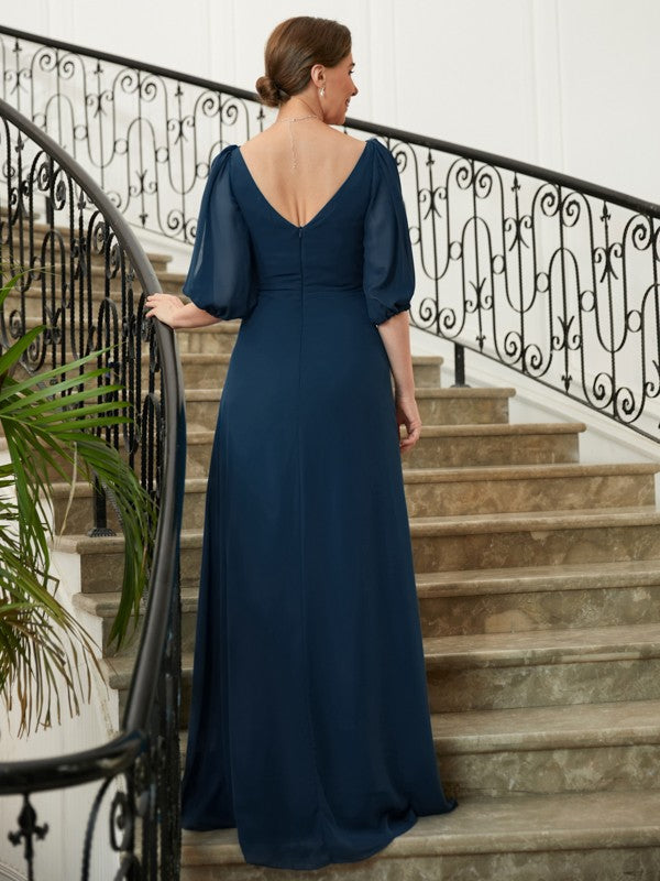 Kelsie A-Line/Princess Chiffon Ruched V-neck 1/2 Sleeves Floor-Length Mother of the Bride Dresses HJP0020344