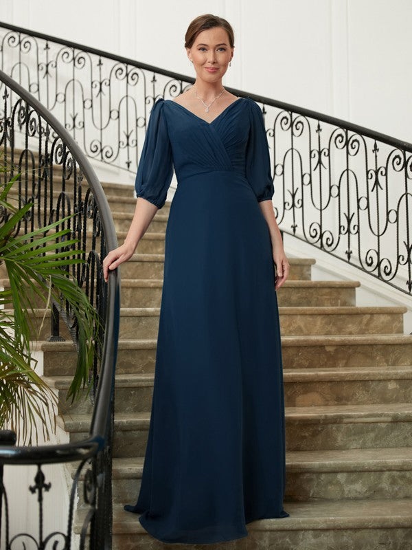 Kelsie A-Line/Princess Chiffon Ruched V-neck 1/2 Sleeves Floor-Length Mother of the Bride Dresses HJP0020344