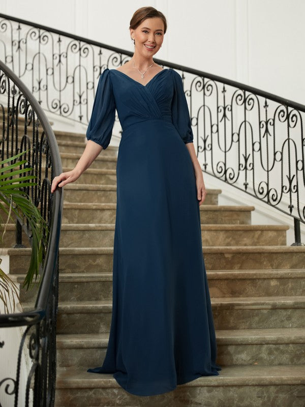 Kelsie A-Line/Princess Chiffon Ruched V-neck 1/2 Sleeves Floor-Length Mother of the Bride Dresses HJP0020344