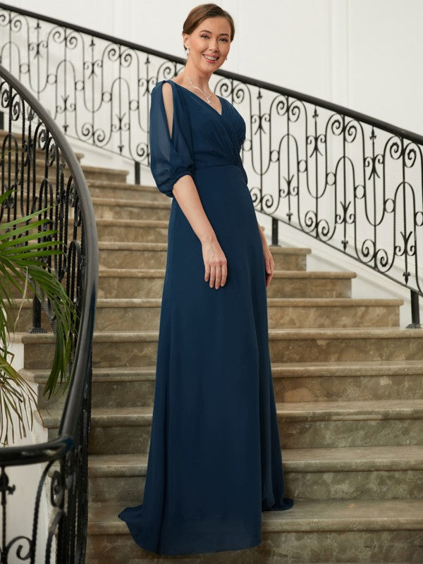 Kelsie A-Line/Princess Chiffon Ruched V-neck 1/2 Sleeves Floor-Length Mother of the Bride Dresses HJP0020344