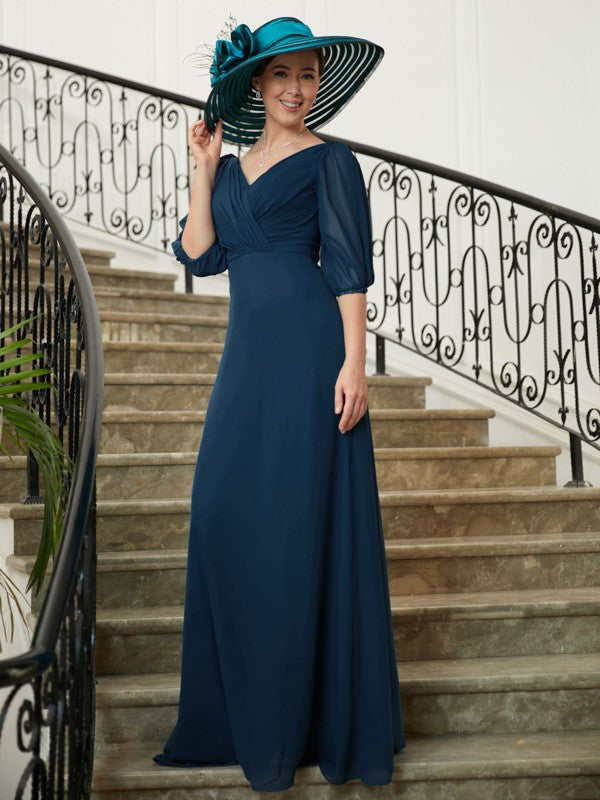 Kelsie A-Line/Princess Chiffon Ruched V-neck 1/2 Sleeves Floor-Length Mother of the Bride Dresses HJP0020344