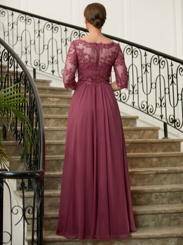 Zoe A-Line/Princess Chiffon Lace V-neck 3/4 Sleeves Floor-Length Mother of the Bride Dresses HJP0020306