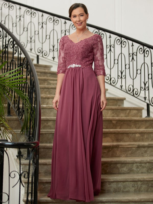 Zoe A-Line/Princess Chiffon Lace V-neck 3/4 Sleeves Floor-Length Mother of the Bride Dresses HJP0020306