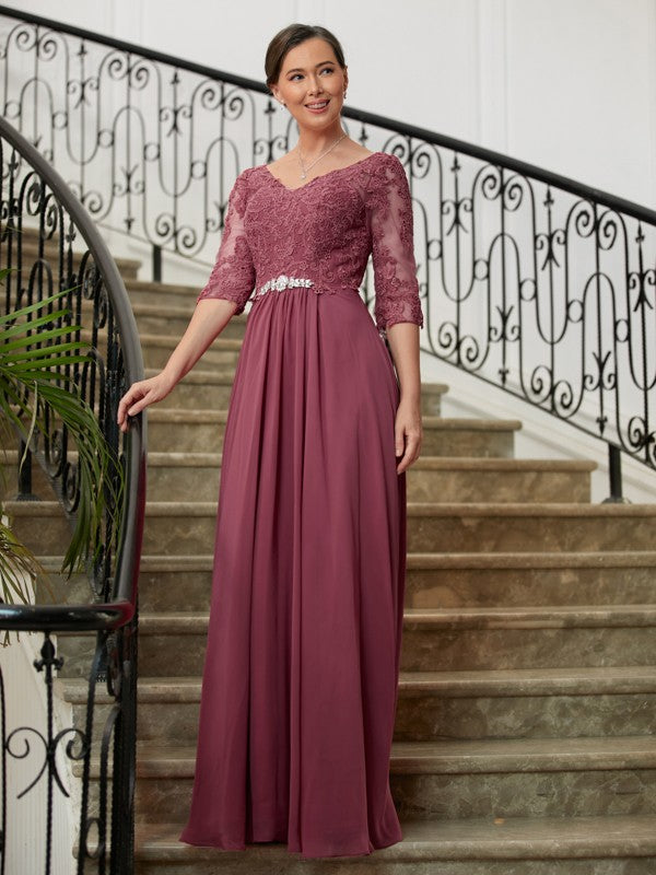 Zoe A-Line/Princess Chiffon Lace V-neck 3/4 Sleeves Floor-Length Mother of the Bride Dresses HJP0020306