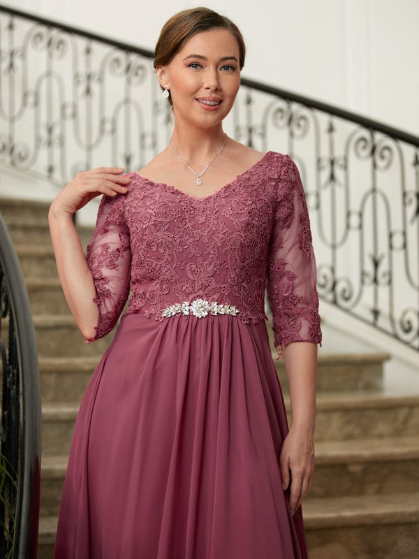 Zoe A-Line/Princess Chiffon Lace V-neck 3/4 Sleeves Floor-Length Mother of the Bride Dresses HJP0020306