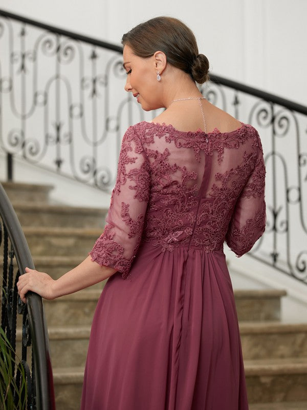 Zoe A-Line/Princess Chiffon Lace V-neck 3/4 Sleeves Floor-Length Mother of the Bride Dresses HJP0020306