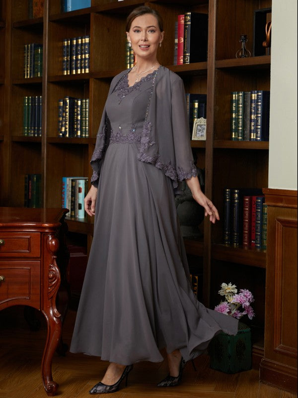 Veronica A-Line/Princess Chiffon Applique V-neck Sleeveless Ankle-Length Mother of the Bride Dresses HJP0020365