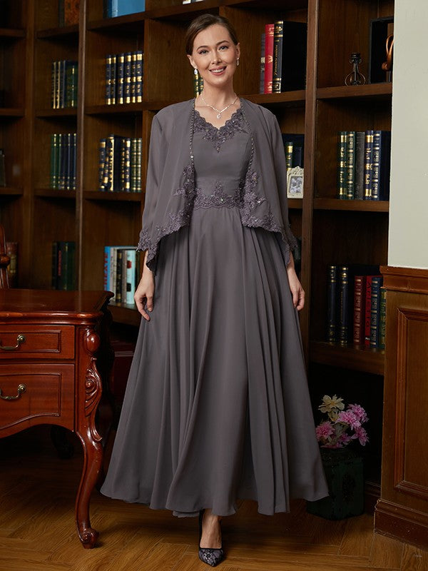 Veronica A-Line/Princess Chiffon Applique V-neck Sleeveless Ankle-Length Mother of the Bride Dresses HJP0020365