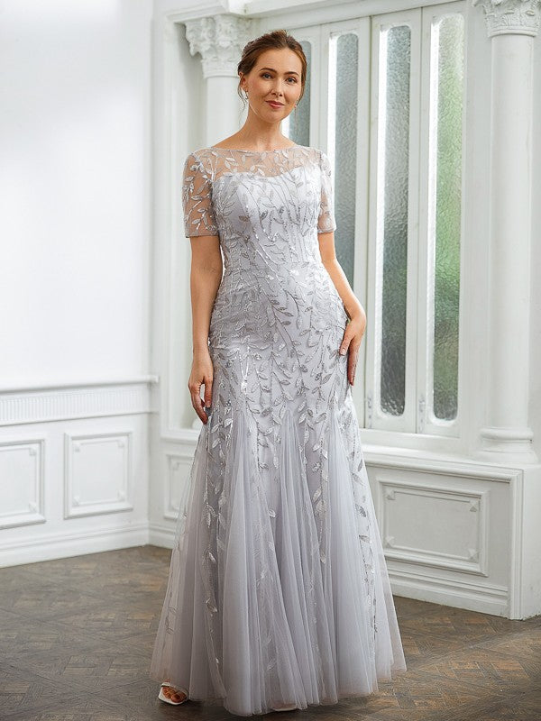 Viola A-Line/Princess Tulle Ruched Bateau Short Sleeves Ankle-Length Mother of the Bride Dresses HJP0020261