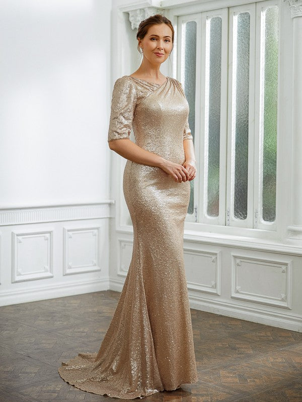 Violet Sheath/Column Sequins Ruched 1/2 Sleeves Sweep/Brush Train Mother of the Bride Dresses HJP0020248