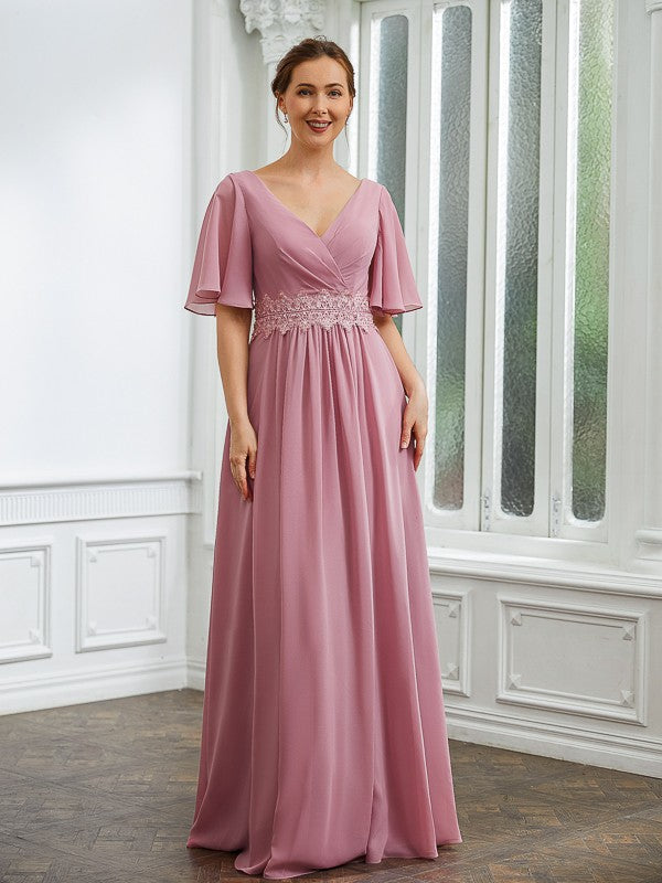 Naomi A-Line/Princess Chiffon Ruched V-neck 1/2 Sleeves Floor-Length Mother of the Bride Dresses HJP0020248