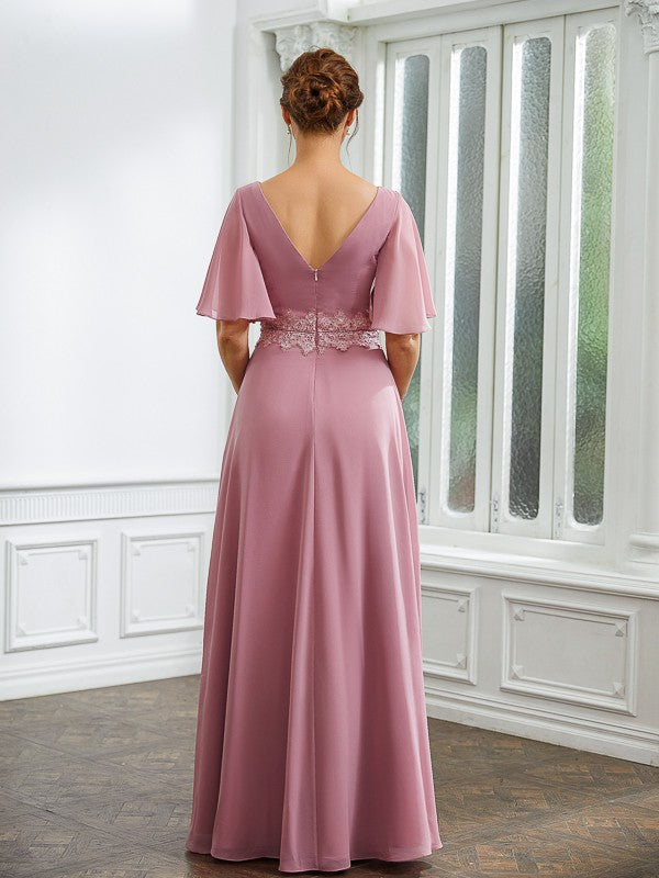 Naomi A-Line/Princess Chiffon Ruched V-neck 1/2 Sleeves Floor-Length Mother of the Bride Dresses HJP0020248