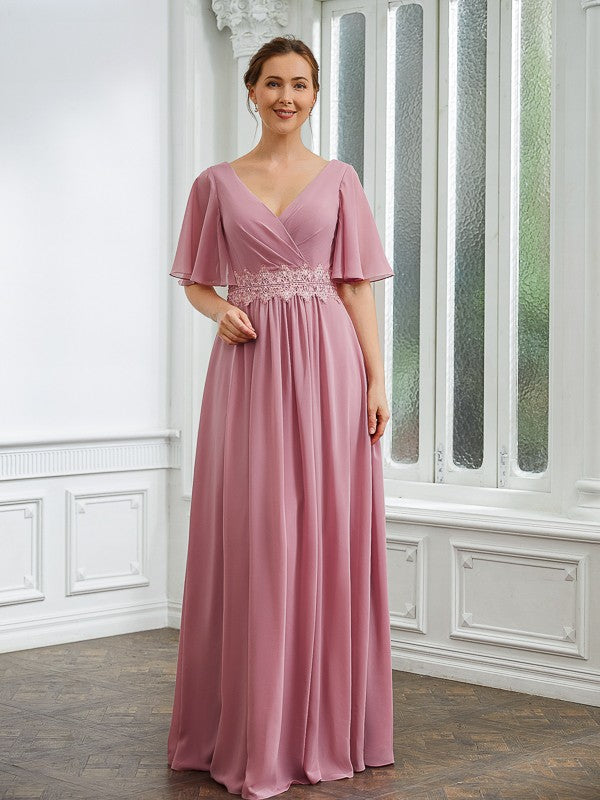 Naomi A-Line/Princess Chiffon Ruched V-neck 1/2 Sleeves Floor-Length Mother of the Bride Dresses HJP0020248