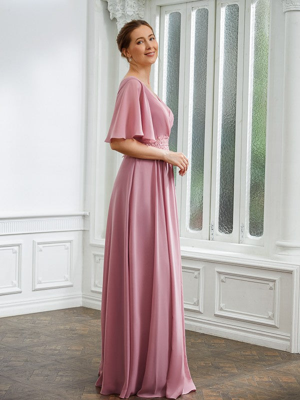 Naomi A-Line/Princess Chiffon Ruched V-neck 1/2 Sleeves Floor-Length Mother of the Bride Dresses HJP0020248