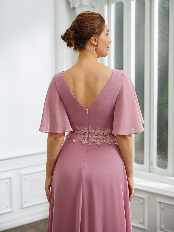 Naomi A-Line/Princess Chiffon Ruched V-neck 1/2 Sleeves Floor-Length Mother of the Bride Dresses HJP0020248