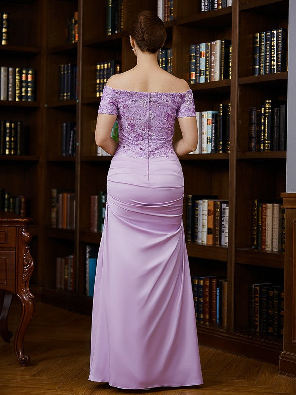 Violet Sheath/Column Charmeuse Ruched Off-the-Shoulder Short Sleeves Floor-Length Mother of the Bride Dresses HJP0020249