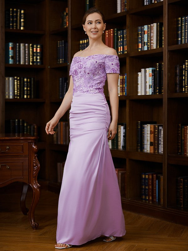 Violet Sheath/Column Charmeuse Ruched Off-the-Shoulder Short Sleeves Floor-Length Mother of the Bride Dresses HJP0020249