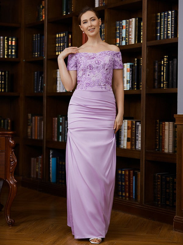 Violet Sheath/Column Charmeuse Ruched Off-the-Shoulder Short Sleeves Floor-Length Mother of the Bride Dresses HJP0020249