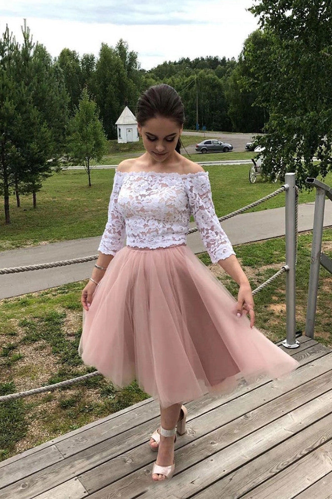 3/4 Sleeves Lace Off-Shoulder Short Prom Dresses Two Piece Hoco Dresses