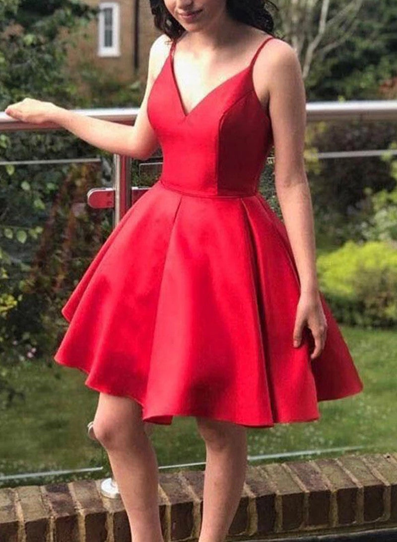 Simple Short Prom Dresseses Red V Neck Satin Homecoming Dresses