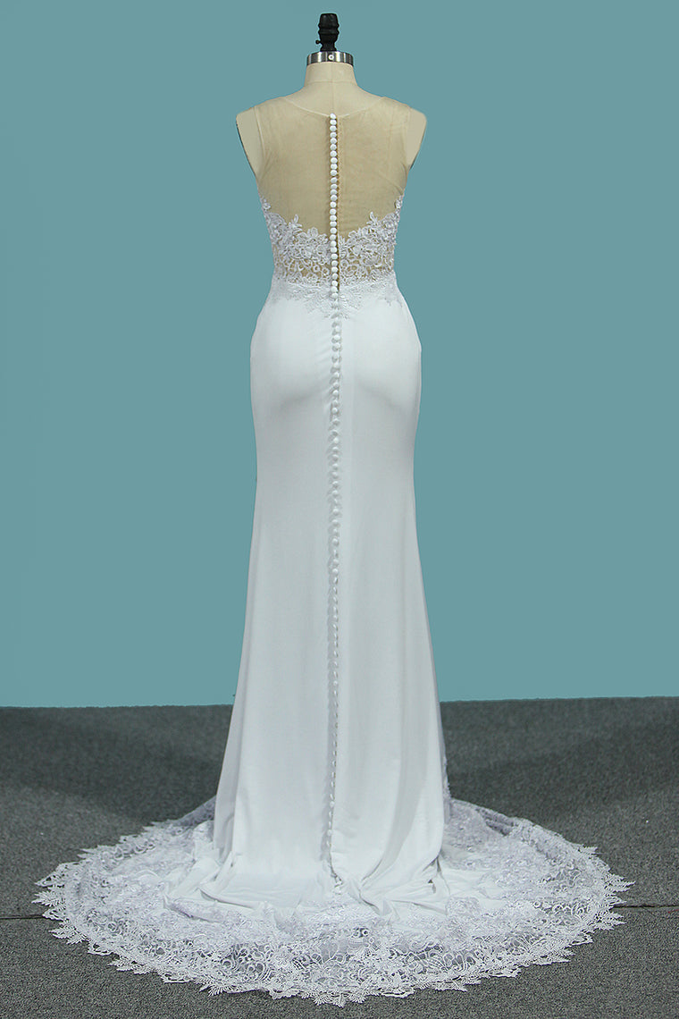 2024 Mermaid Scoop Spandex Wedding Dresses With Applique Sweep Train