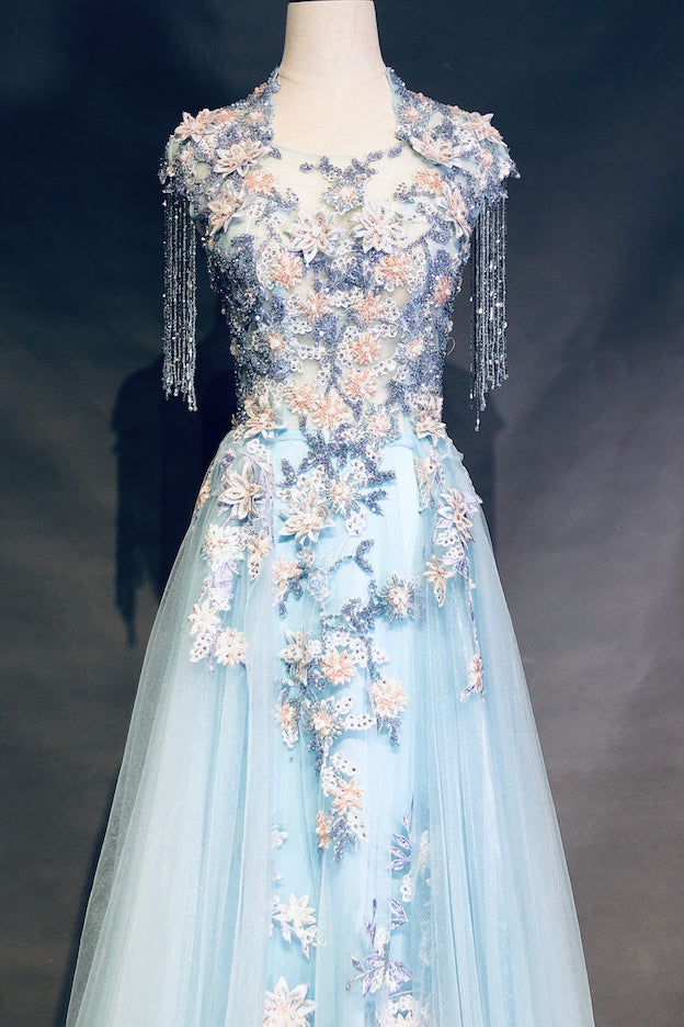 Modest Square Neckline Beading Appliques Sky Blue Long Prom Dresses Pageant Gown