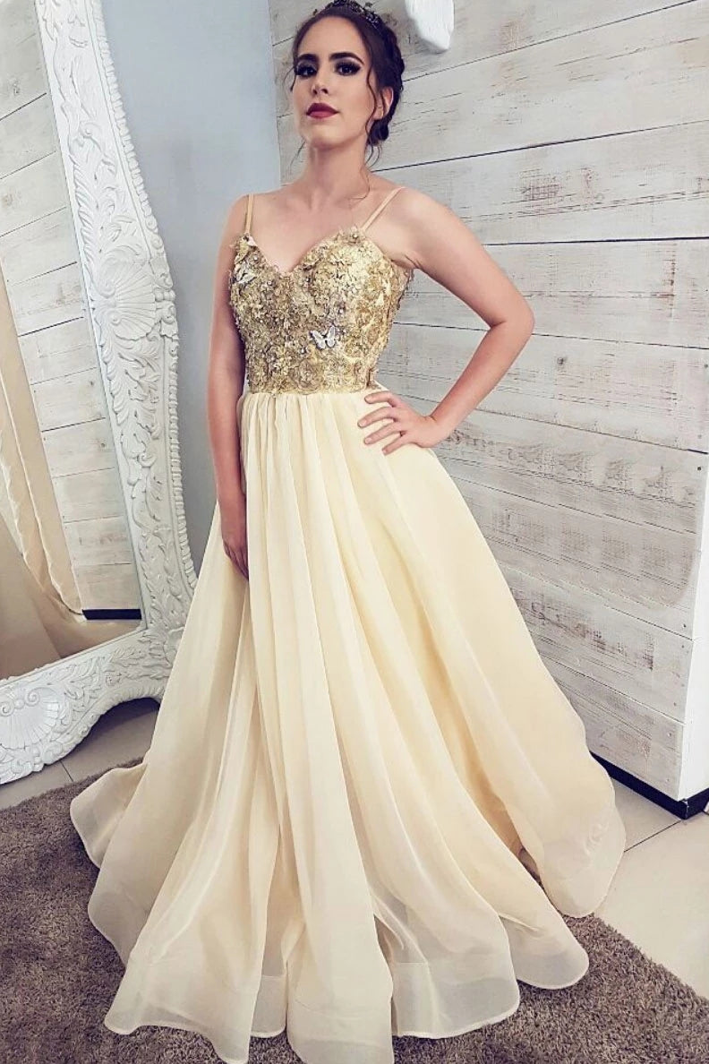 A-line Spaghetti-straps V-neck Appliques Long Prom Evening Dresses