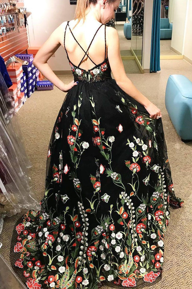 Gorgeous A-line V-neck Black Floral Embroidered Backless Long Prom Dresses