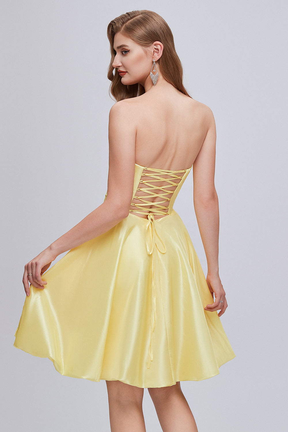 Simple Yellow Strapless A Line Short Homecoming Dresses With Pockets