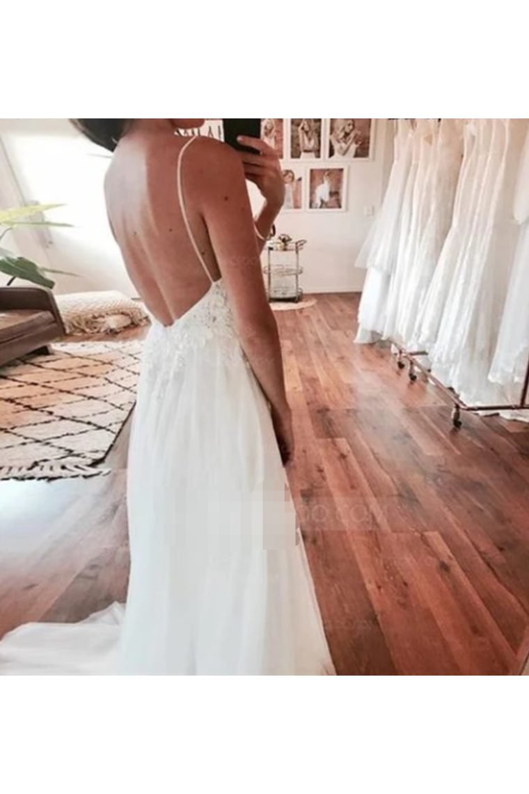 Flowy Spaghetti Straps Ivory Lace Tulle Long V-Neck Beach Wedding Dresses