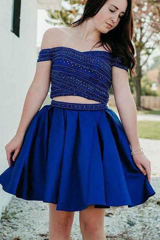 Elegant Off the Shoulder Two Piece With Beaded Homecoming Dresses