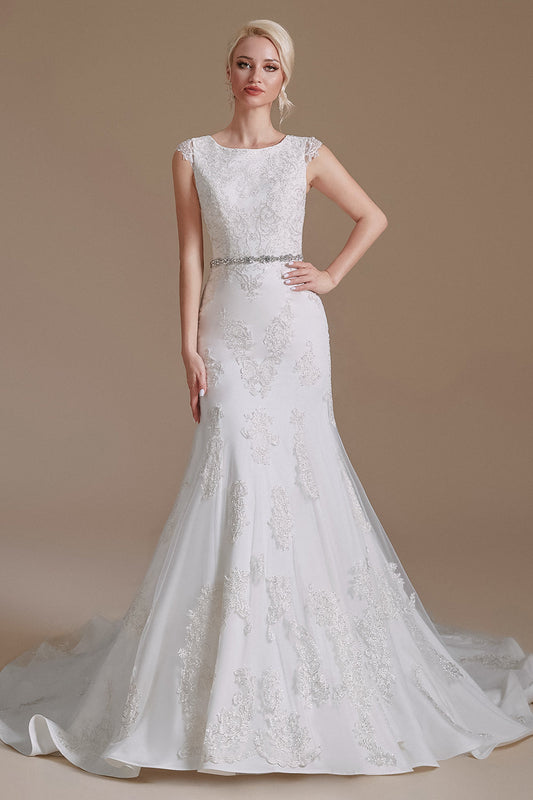 Mermaid Appliques Tulle Chapel Train Wedding Dresses With Belt