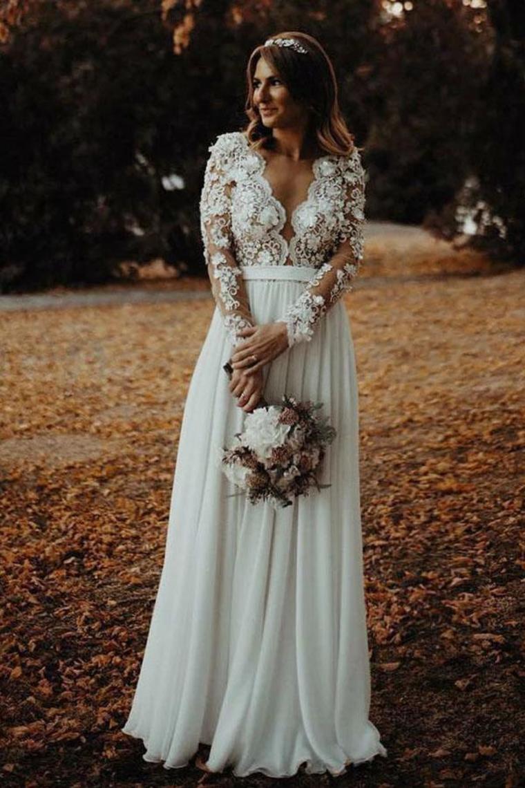 Floor Length Long Sleeves Sheer Neck Split Appliques Chiffon Beach Wedding Dress