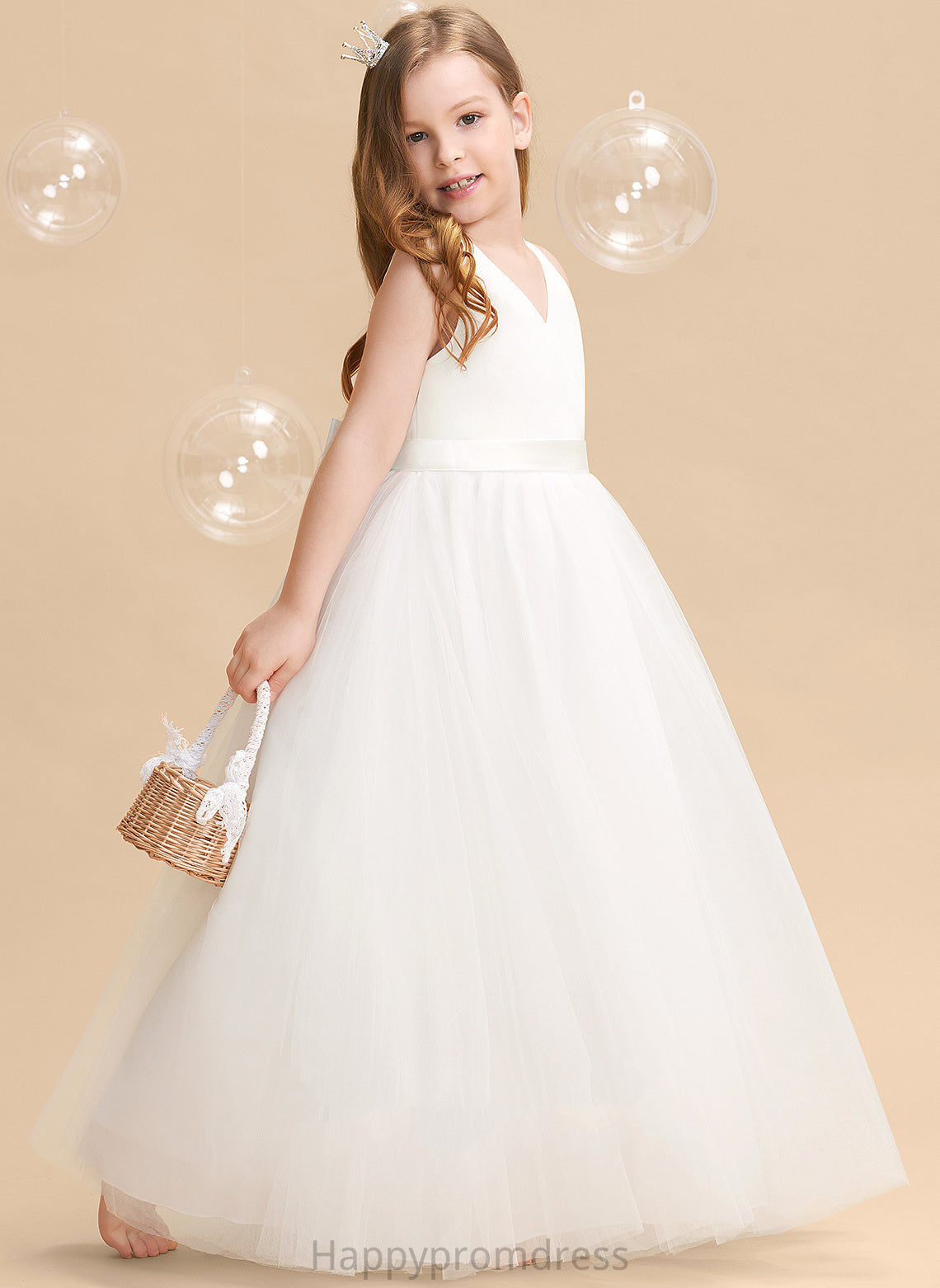 V-neck Bow(s)/V Floor-length Evie - Back Flower Tulle Ball-Gown/Princess Girl Flower Girl Dresses With Sleeveless Dress