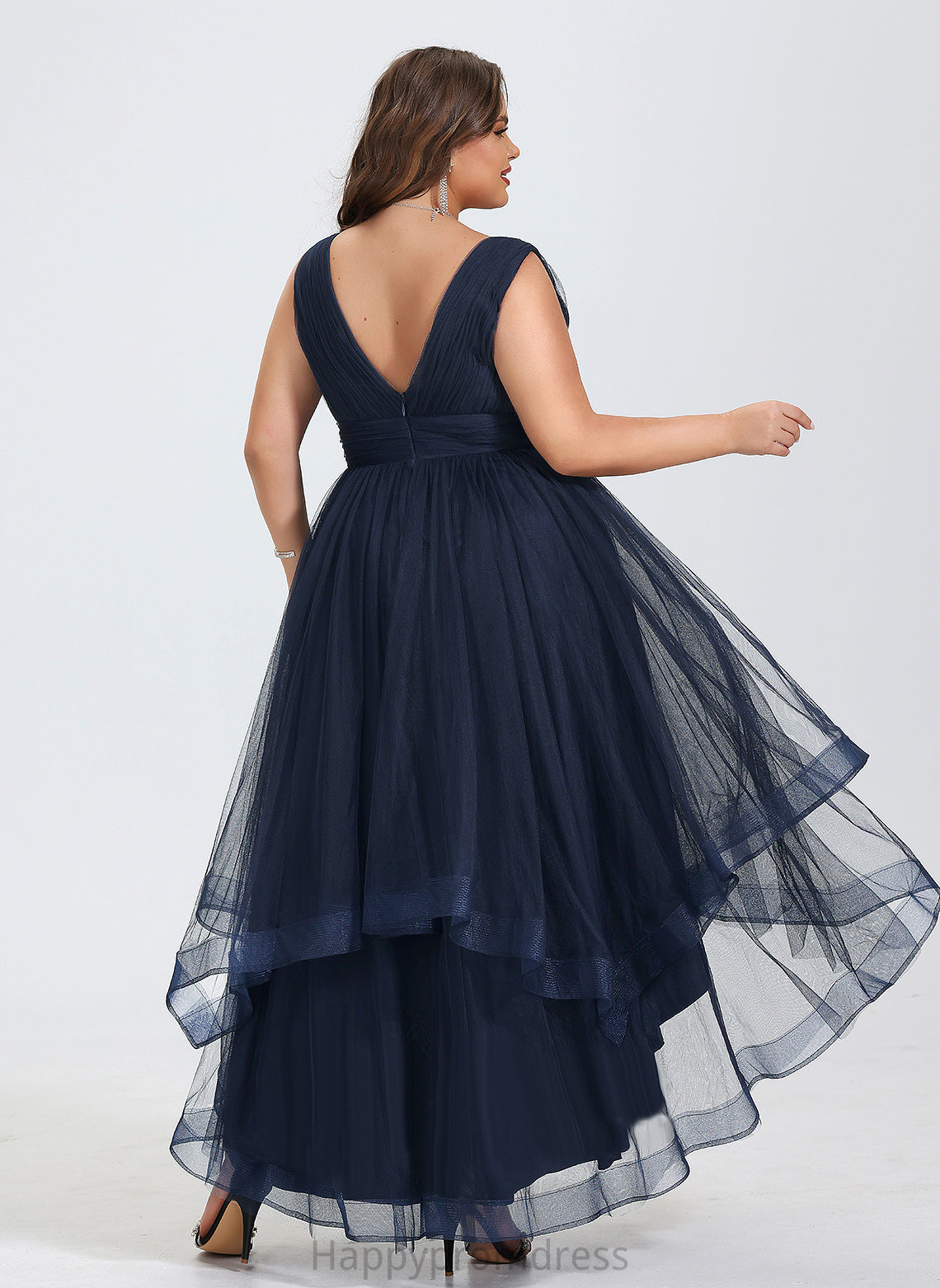 Adrienne Asymmetrical Tulle Cascading V-neck With A-Line Dress Pleated Cocktail Cocktail Dresses Ruffles