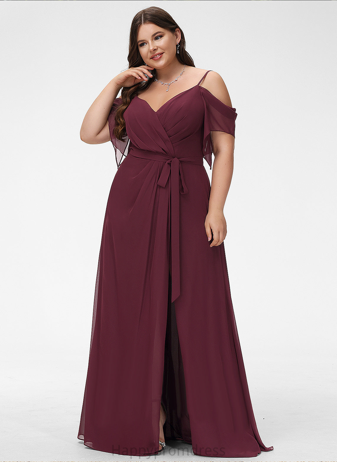 V-neck A-Line Length Fabric Sash Neckline Ruffle SplitFront Floor-Length Silhouette Embellishment Deanna Bridesmaid Dresses